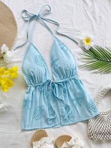 WYWH Top de tirantes blanco con cuello en V, textura de tela y espalda anudada, ideal para mujer en verano para fiestas, vacaciones, citas, San Valentín, tarde de té - Celeste - Ver 2