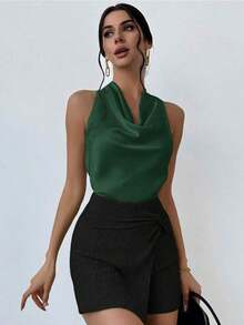 1 pieza Blusa de mujer con cuello de lazo en color albaricoque, minimalista y elegante, top sin mangas - Verde Oscuro - Ver 7