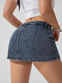 Minifalda vaquera casual con bolsillo y estampado de rayas para mujer, primavera/verano - Azul - Ver 2