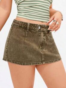 Falda mini de mezclilla lavada informal para mujer - Café integral - Ver 6