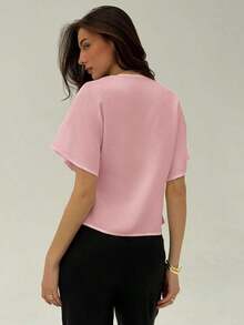 Camisa blanca sólida con mangas de murciélago, doble botonadura y frente abierto elegante - Rosa - Ver 2