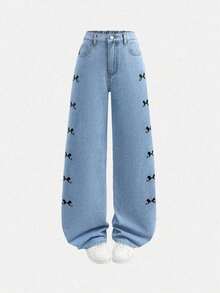 Jeans sencillos de uso diario con estampado de bigotes de gato para niñas adolescentes - Lavado ligero - Ver 2