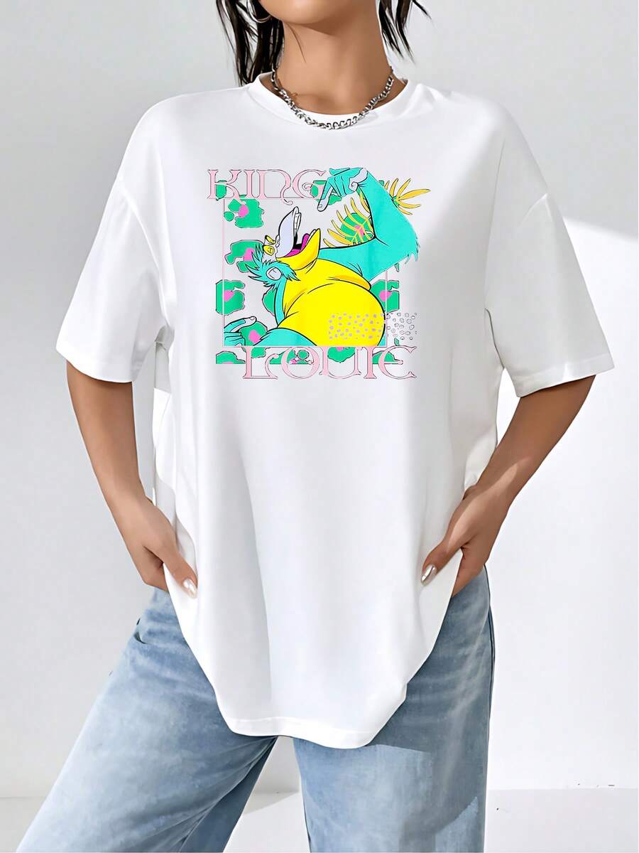 Colorful Graphic Featuring A Fun Tropical Monkey Celebrating Energetically And Joyfully Under A Bright Sun, With Vibrant Modern Details. Soft And Comfortable Women's T-Shirt For Casual Everyday Wear. - 白色 - 查看 1