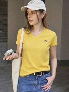 Camiseta de manga corta casual de verano para mujer con estampado de lazo - Amarillo - Ver 6