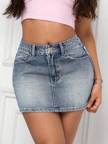 Minifalda vaquera casual de uso diario para mujer con bolsillos y botones - Azul lavado medio - Ver 8