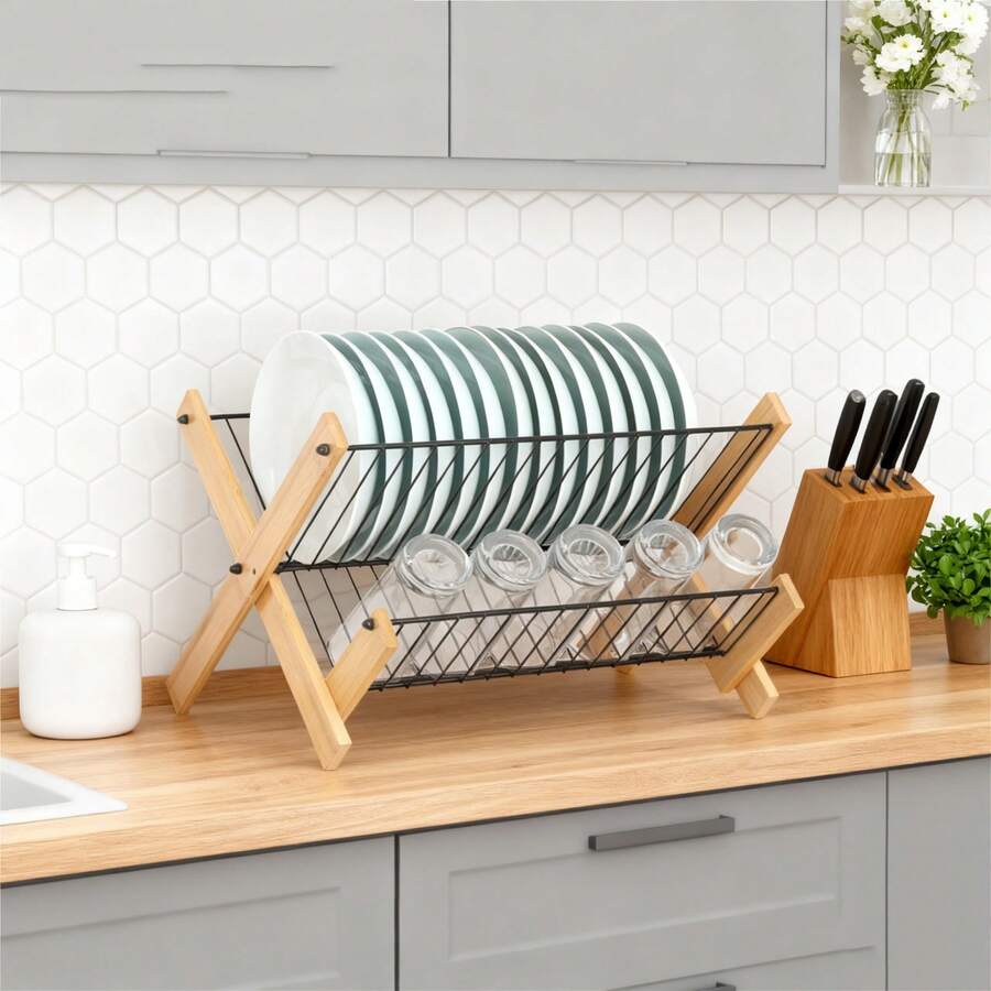 1pc Foldable 2-Tier Bamboo Dish Drying Rack, Natural Wood And Black Metal Wire Plate Holder, Collapsible Kitchen Counter Dish Drainer Rack, Space-Saving Sturdy For Small Kitchen And Apartment - Silver - View 1