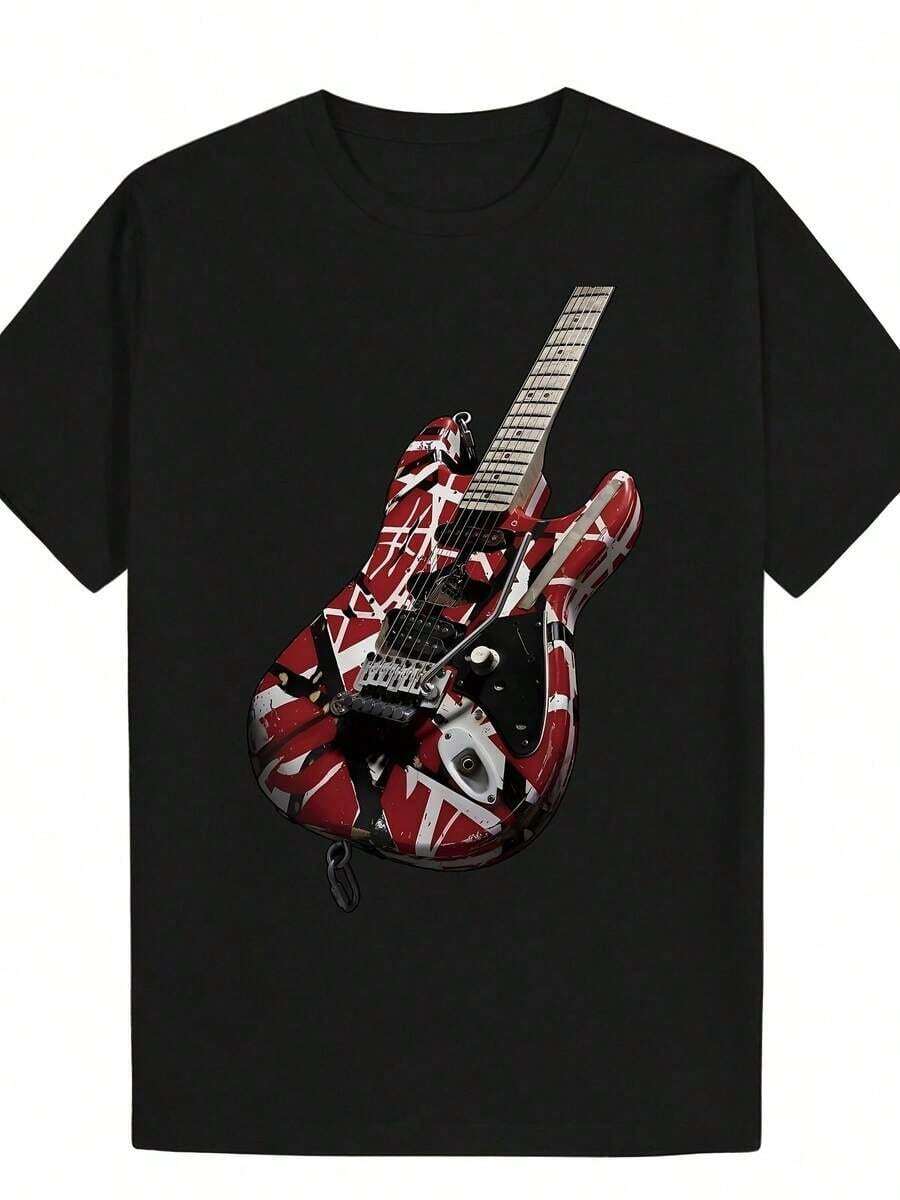 Camiseta de Guitarra Eléctrica para Hombre y Mujer - 100% Algodón, Cuello Redondo Suave con Estampado Musical Diagonal, Rojo y Blanco, Ideal para Fanáticos, Lavable a Máquina, Regalo Casual para Músicos, Uso Diario para Conciertos y Atuendos Cotidianos - Negro - Ver 1