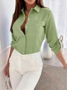 Camisa de mujer de manga larga de unicolor casual con puño - Verde - Ver 3
