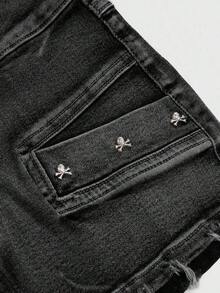 Grunge Punk Minifalda de mezclilla sexy de talle súper bajo con tachuelas y calavera vintage desgastada - Negro - Ver 3