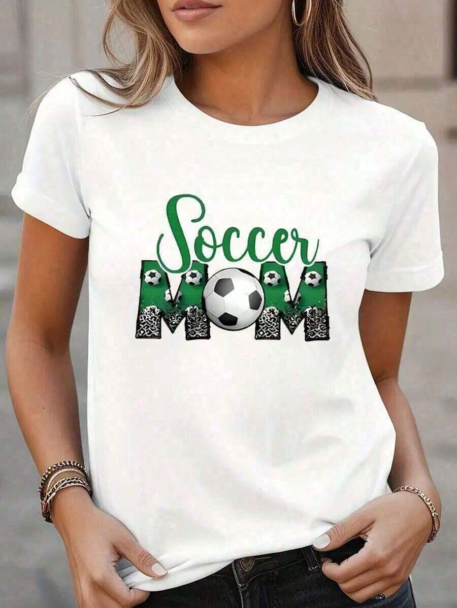 [S-7XL] New Cotton T-Shirt, Women's T-Shirt With "Soccer MOM" Print, Birthday Gift For Mom, Mother's Day Gift, Modern And Creative Design, Casual Crew Neck T-Shirt, 180g 100% Soft Cotton. The Best Gift For Mom On Mother's Day. - 風格 - 查看 1