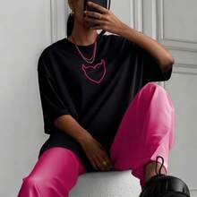 Camiseta de manga corta de verano europea y americana con estampado de corazón de diablo, estilo americano, rejuvenecedora y estilizante, cuello redondo, top versátil, capa base a la moda. - Negro - Ver 2