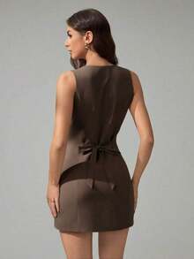 Tall Vestido mini elegante de unicolor con cuello redondo y sin mangas para mujer - Marrón - Ver 2