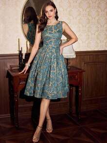 DECDS Vestido de mujer elegante y vintage con estampado floral de jacquard para fiestas, festivales y eventos elegantes.Vestidos largos elegantes para fiestas para mujeres en otoño, invierno, Navidad, Halloween y Año Nuevo. - Azul - Ver 5