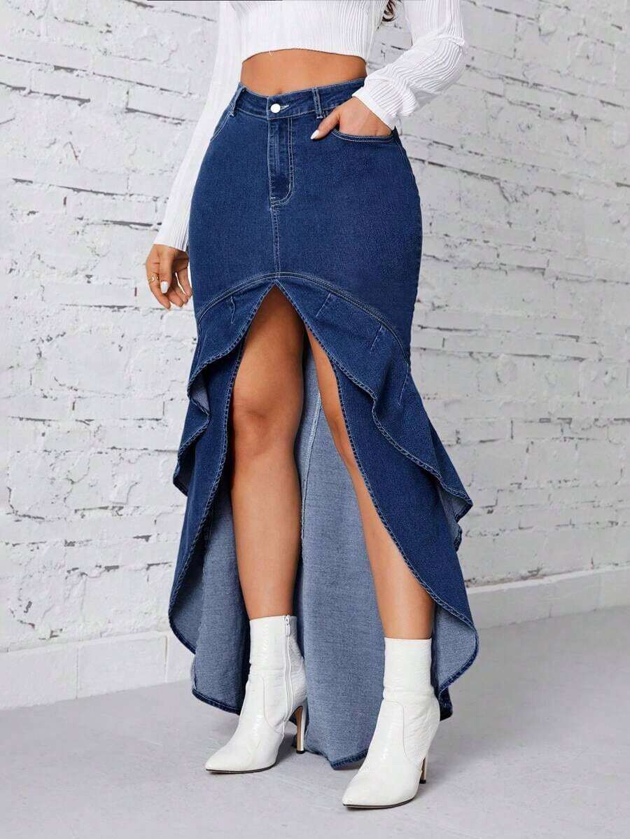 Falda vaquera con abertura alta y volantes de moda - Azul lavado oscuro - Ver 1