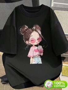 Camiseta de algodón con estampado soda café muñeca de moda para mujerPure-Cotton - Negro - Ver 1