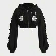 PUNK Skeleton Print Drop Shoulder Drawstring Hoodie, School,Long Sleeve Tops - Negro - Ver 1