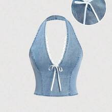 MOD Women Summer Front Tie Denim Halter Crop Top,Cute Halterneck Lace Bow Tight,Summer,Vacation,Off The Shoulder Top,Crop Tops Women,Going Out Tops Women,Birthday,Halter Tops,Vintage Tops,Cute Shirts,Hawaii,Birthday,Going Out Tops,Y2k Top - Lavado oscuro - Ver 2