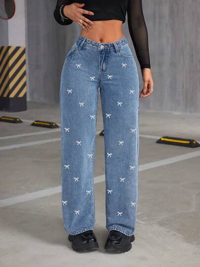 CHILAM Elegantes pantalones vaqueros de mujer con aplique de lazo y pernera ancha, con bolsillos.
