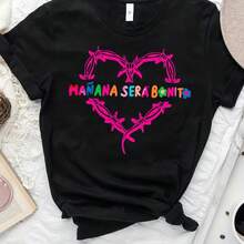 Camiseta con Estampado de Corazón, Manga Corta, Cuello Redondo, Top Casual para Verano y Primavera, Ropa de Mujer - Negro - Ver 1