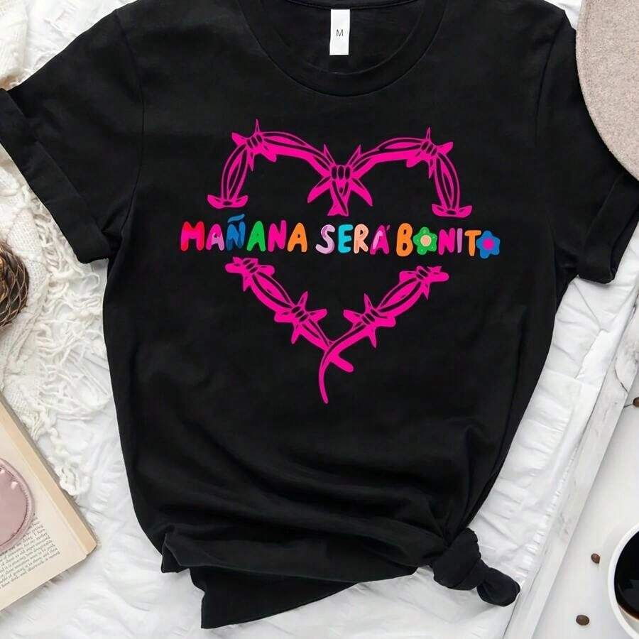 Camiseta con Estampado de Corazón, Manga Corta, Cuello Redondo, Top Casual para Verano y Primavera, Ropa de Mujer - Negro - Ver 1