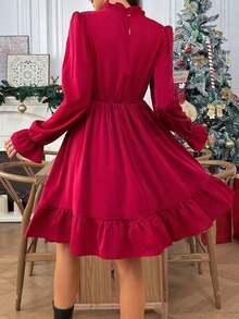 Vestido corto casual de manga larga con cuello alto y estampado floral para mujer - Rojo - Ver 2