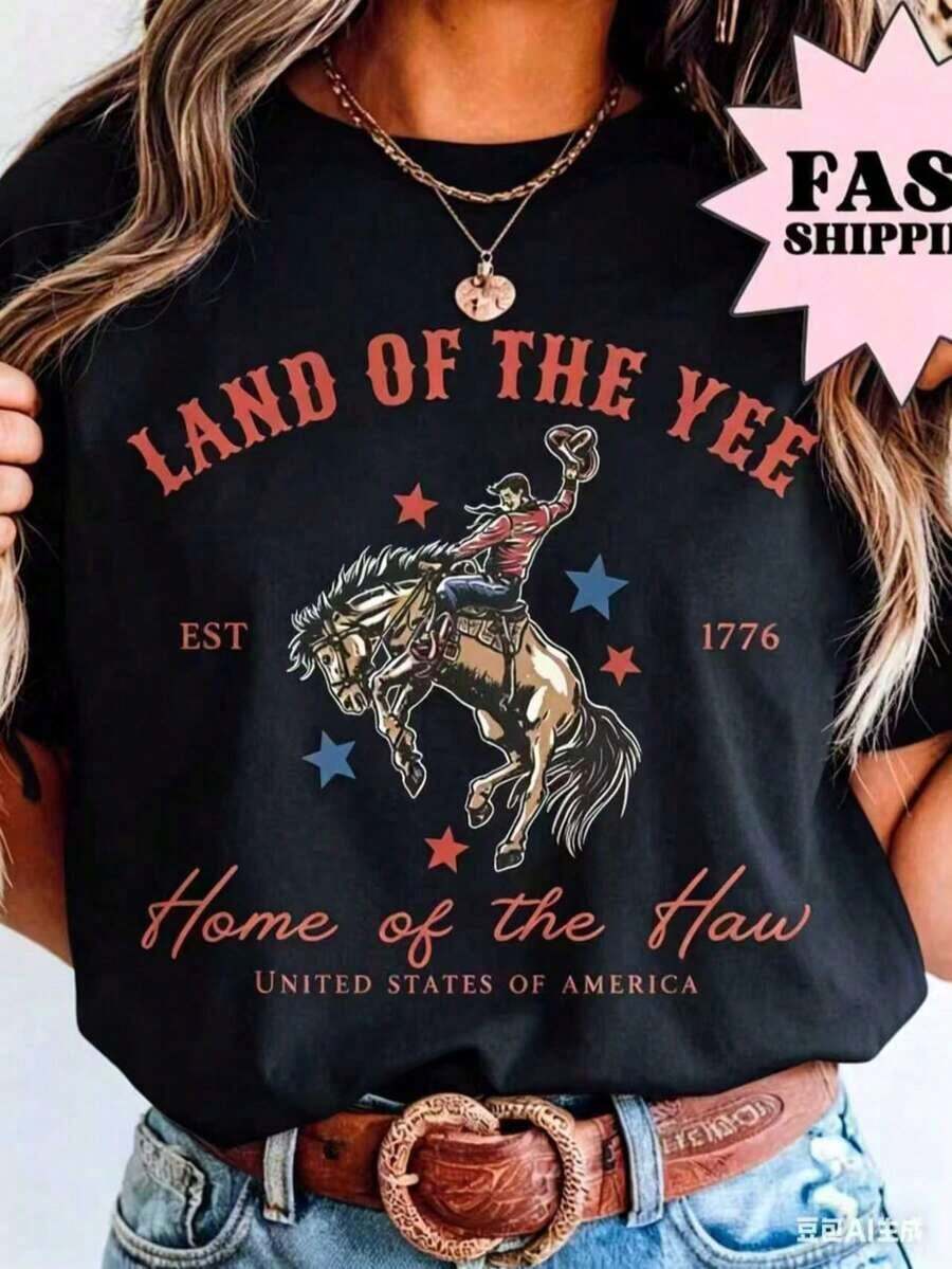 Camiseta del 4 de julio, Camiseta de EE. UU., Camiseta del 4 de julio, Camiseta Yee Haw, Camiseta de vaquero, Camiseta del 4 de julio estilo western, Camiseta Land Of The Yee, Camiseta de algodón 100% de manga corta, estilo clásico, de algodón grueso, con estampado gráfico, Top casual de manga corta para mujer, Nueva camiseta elegante, Camisetas casuales de manga corta para hombre y mujer - Camiseta unisex de algodón holgada de manga corta y cuello redondo, estilo vintage urbano. - Negro - Ver 1