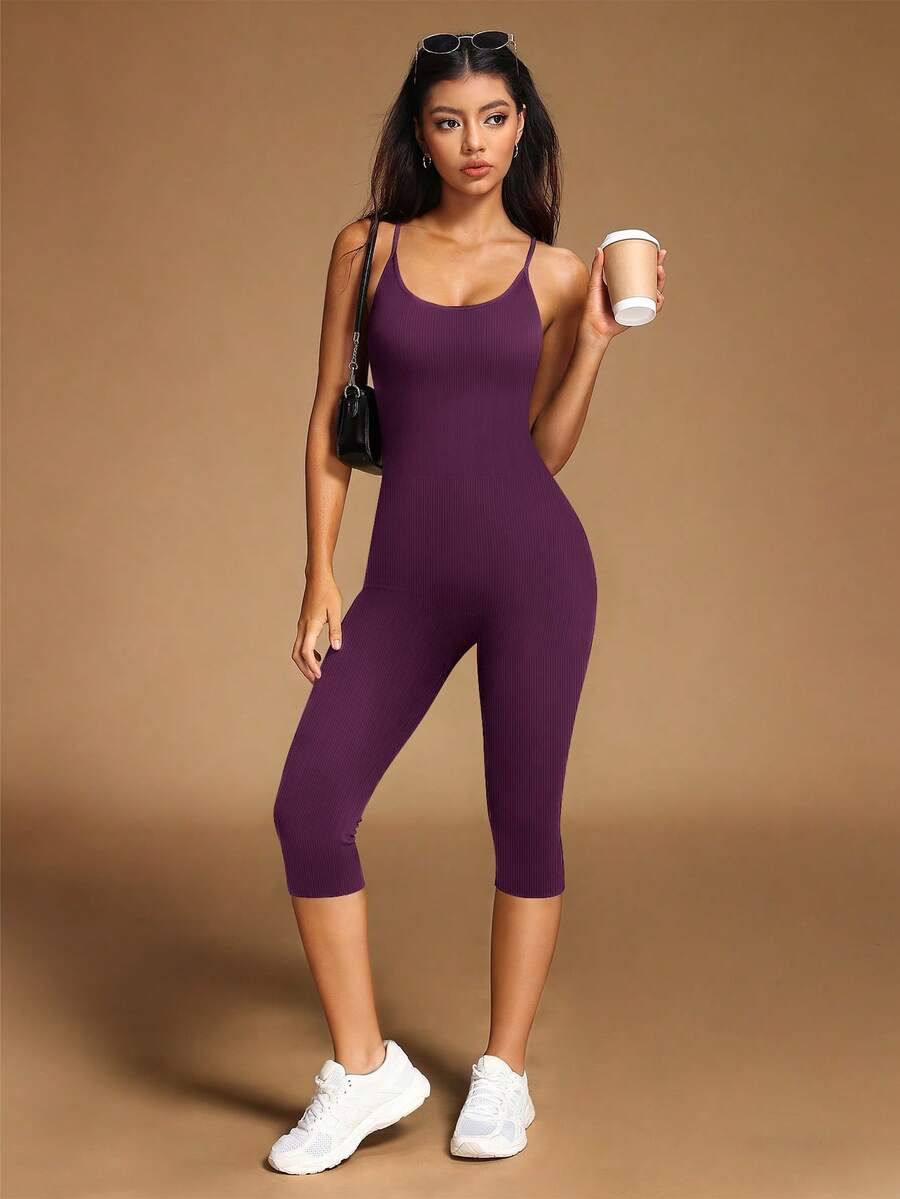 VVX Macacão Capri de Yoga Feminino com Decote Redondo, Alças Finas, Costas Abertas, Controle de Barriga e Levantamento de Bumbum, Shorts Romper Esportivo para Academia e Exercícios, Sem Costura e Canelado