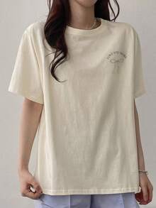Women's T-Shirt With Letter Print On The Front And Back, Cute Blouses With Graphic Designs, Women's Cotton T-Shirts - 風格 - 查看 3