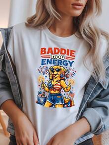 Unisex T-Shirt For Dog Lovers, Perfect For The 4th Of July. This Patriotic Puppy Print Tee Is Ideal For Parties In The USA. Made From 220g Pure Cotton, This Unisex T-Shirt Is The Perfect Weight For All Seasons And Is Suitable For Both Men And Women. The Durable, High-Quality Fabric Is Soft To The Touch And Long-Lasting. Breathable And Breathable, It's Perfect For Spring And Summer, Holidays, Mother's Day, And Independence Day. - 白色 - 查看 1