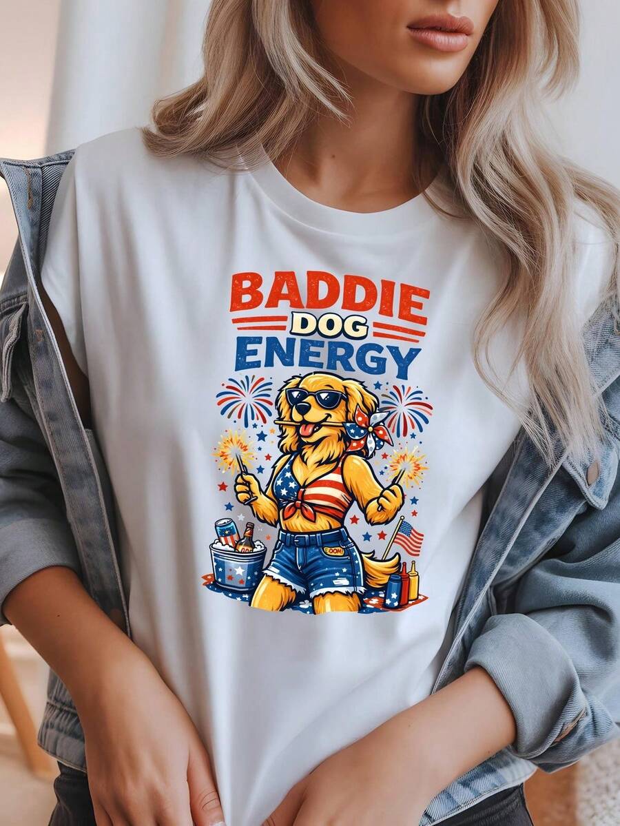 Unisex T-Shirt For Dog Lovers, Perfect For The 4th Of July. This Patriotic Puppy Print Tee Is Ideal For Parties In The USA. Made From 220g Pure Cotton, This Unisex T-Shirt Is The Perfect Weight For All Seasons And Is Suitable For Both Men And Women. The Durable, High-Quality Fabric Is Soft To The Touch And Long-Lasting. Breathable And Breathable, It's Perfect For Spring And Summer, Holidays, Mother's Day, And Independence Day. - 白色 - 查看 1