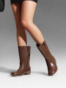 Women's Riding Boots Square Toe Retro Banana Boots Chunky Block Heel Pull-On Vintage Fashion Knee-High Boots - 巧克力棕 - 查看 6