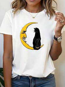 Top casual de verano con estampado de luna creciente, cara sonriente y diseño de gato, camiseta casual de manga corta y cuello redondo para mujer, ideal para primavera-verano, atuendo diario, salida informal, regalo de vacaciones. - Blanco - Ver 1