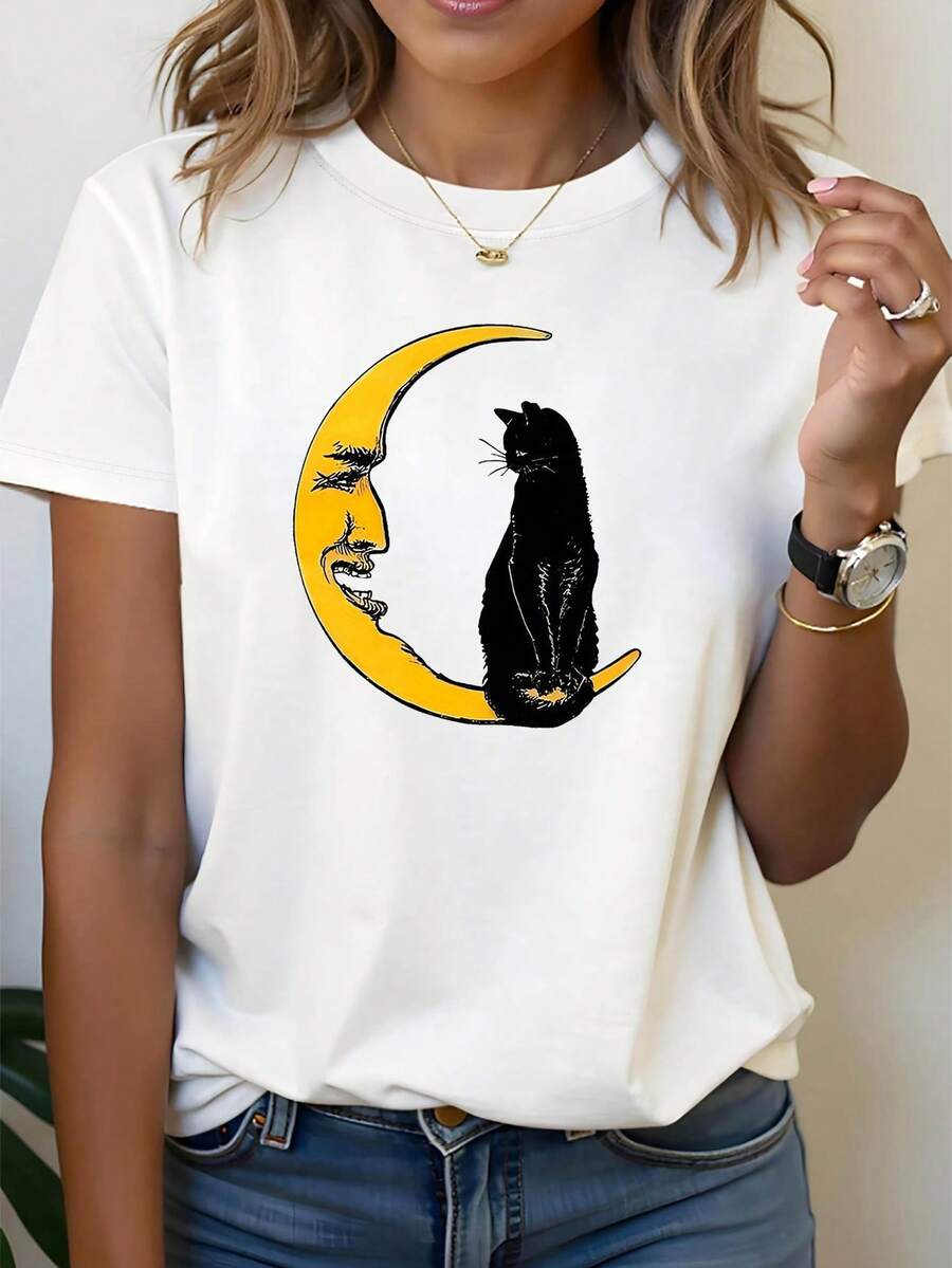 Top casual de verano con estampado de luna creciente, cara sonriente y diseño de gato, camiseta casual de manga corta y cuello redondo para mujer, ideal para primavera-verano, atuendo diario, salida informal, regalo de vacaciones. - Blanco - Ver 1