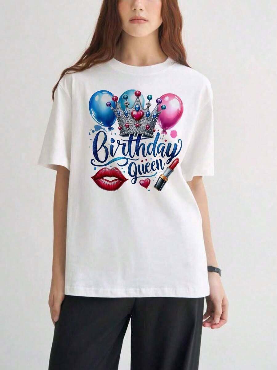 Camisetas de manga corta para mujer, con estampados interesantes, ropa hermosa. Camiseta de "Reina de Cumpleaños" con estampado de corona blanca, globos, labios y lápiz labial, para celebraciones de cumpleaños y fiestas. - Blanco - Ver 1