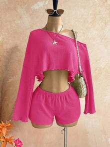 Casual 2-Piece Set Consisting Of A Cropped Top With An Irregular Neckline And Lettuce Hem, And Shorts, In A Solid Color, For Vacation, Spring/Summer - Fuchsia Pink - View 3