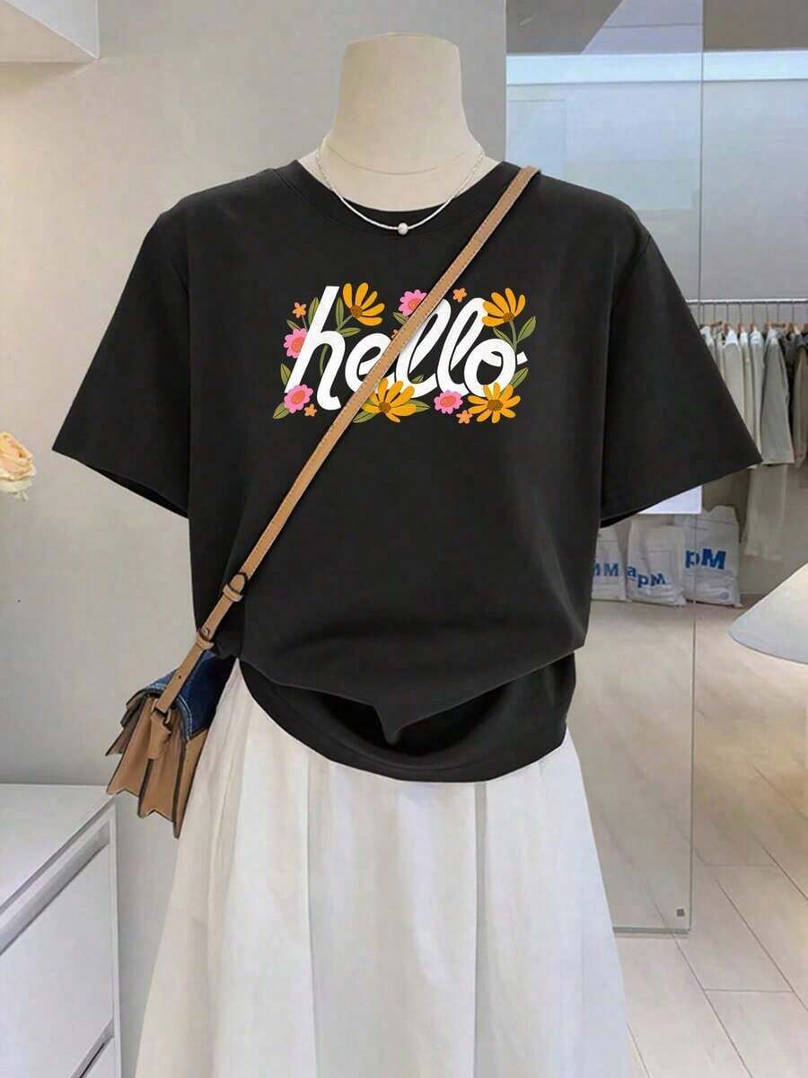 New 2026 T-Shirt, Floral Print With Letters In A Fresh Style, Round Neck, Short Sleeve, Casual And Beautiful T-Shirt For Women, Machine Washable, Breathable And Comfortable. - 黑色 - 查看 1