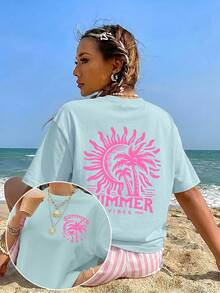 Camiseta deportiva casual versátil de verano para mujer, con estampado de palmeras y sol, estilo vintage dulce y fresco, ideal para vacaciones en la playa, uso diario en casa, salidas o como regalo de moda. - Negro - Ver 8
