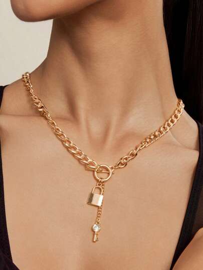 Altistry 1pc Lock & Key Chain Rhinestone Key Charm Necklace