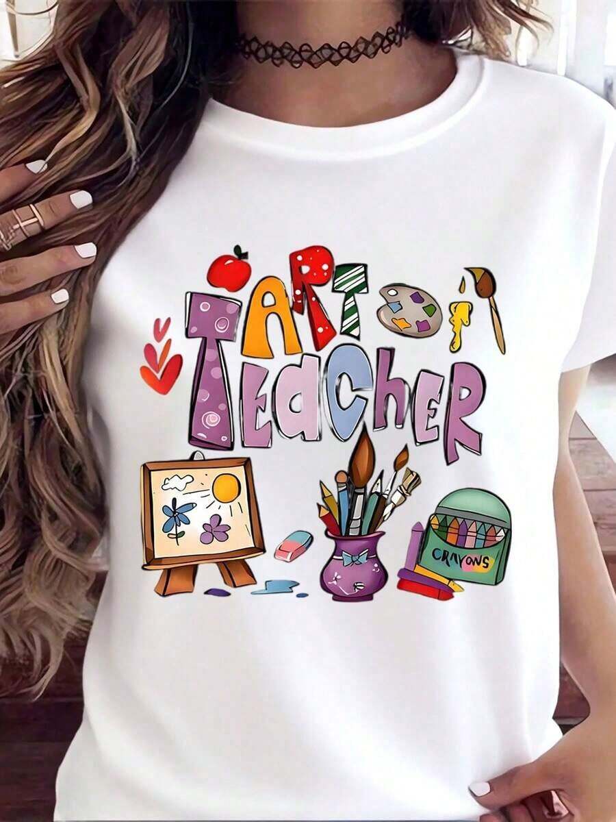 Camiseta para Maestra de Arte para Mujer, Regalo para Maestra de Arte, Camiseta Creativa para Maestra con Diseño de Pinceles, Crayones y Caballete, Perfecta para el Día del Maestro o Eventos Escolares - Blanco - Ver 1