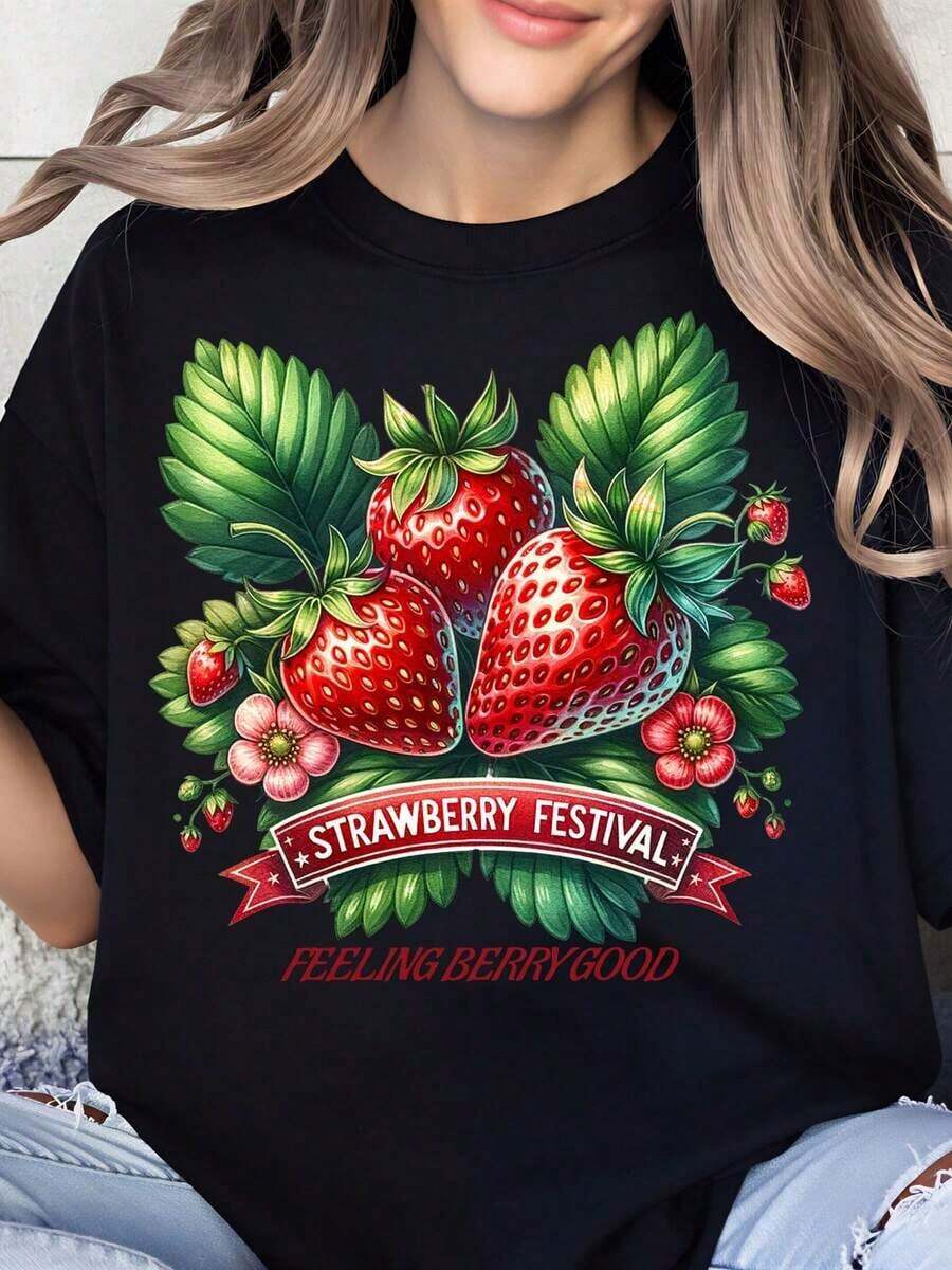 Women's Summer T-Shirt, Vintage Style, Strawberry Print, Fruit Graphic Design, Casual Top For Women, Festive Clothes For Strawberry Season, Fashionable And Comfortable - 黑色 - 查看 1