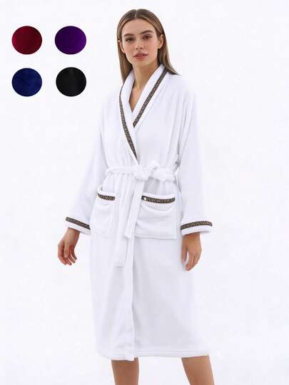 1 Pc Fleece Bathrobe, Soft Warm Lightweight Hotel Quality Bathrobe For Women & Men, Quick Dry Long Robe,Couples Casual Sleepwear,Great Gift For Girlfriend,Bathroom Towel,Bathroom Decor & Accessories