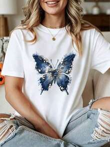 Playera para Mujer con Mariposa Azul - Estilo Elegante Oversize Blanco - Blanco - Ver 6