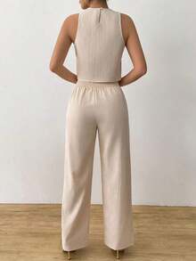 Set de 2 piezas para mujer con top corto elegante con diseño calado y ata y pantalón recto para vacaciones - Albaricoque - Ver 2