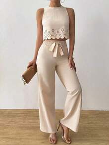 Set de 2 piezas para mujer con top corto elegante con diseño calado y ata y pantalón recto para vacaciones - Albaricoque - Ver 5
