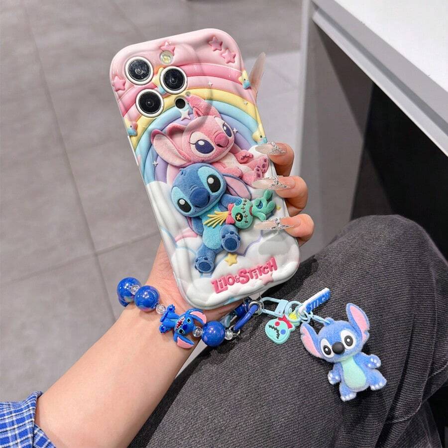Disney Lilo & Stitch Phone Case With Stitch And Angel Charm And Stitch Lanyard - Cute Stitch And Angel Protective Case With Rainbow And Starry Sky Design, Equipped With Delicate Stitch Decorative Lanyard And Beaded Bracelet For Easy Carrying, Compatible With IPhone 17, 16, 15, 14, 13, 12, 11 Pro Series, Ideal For Birthdays, Holidays, Anniversaries, Graduation Gifts, Or Any Special Occasion To Surprise Family, Friends, Classmates, And Loved Ones. - White - View 1