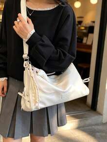New Fashion Casual Solid Color PU Fabric Crossbody Bag With Hanging Ornament, Drawstring Tie, Multiple Pockets, Large Capacity Women's Shoulder Bag - A - View 5