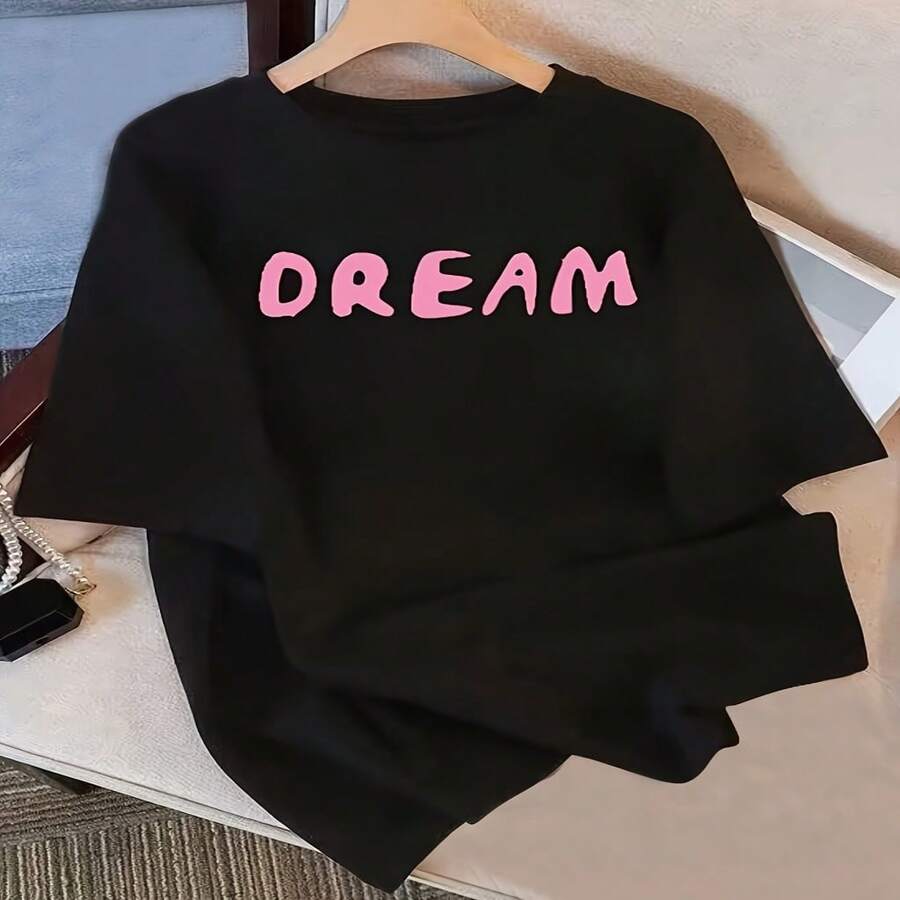 Women's Sexy Casual Elegant Black Cotton Round Neck Short Sleeve Regular Length T-Shirt with Dream Print - Negro - Ver 1