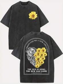 Camisetas lavadas de moda 2026, ¡una fuerte presencia para el Día de Acción de Gracias y Navidad! Con estampados de corazones y flores, 100% algodón puro, ¡la elección de regalo perfecta! Algodón lavado. - Negro - Ver 1