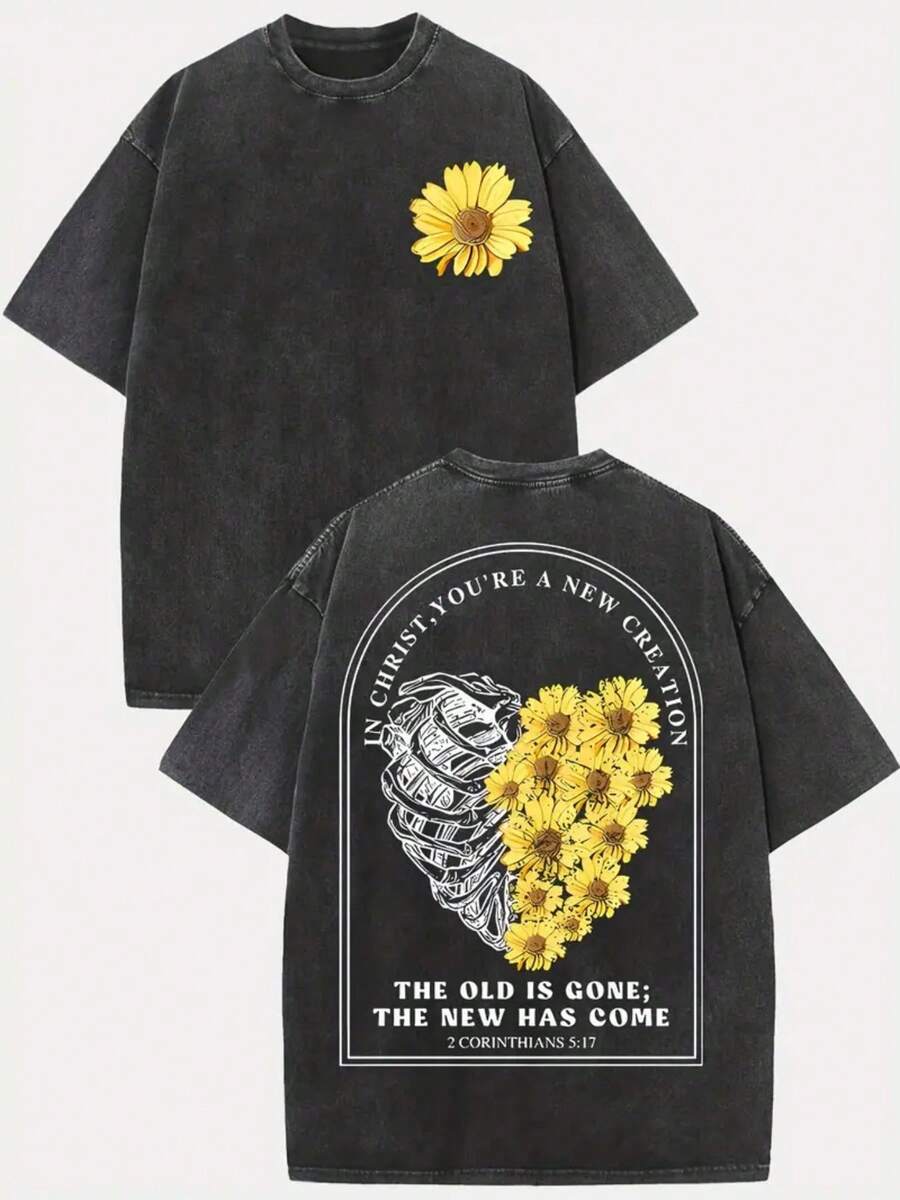 Camisetas lavadas de moda 2026, ¡una fuerte presencia para el Día de Acción de Gracias y Navidad! Con estampados de corazones y flores, 100% algodón puro, ¡la elección de regalo perfecta! Algodón lavado. - Negro - Ver 1