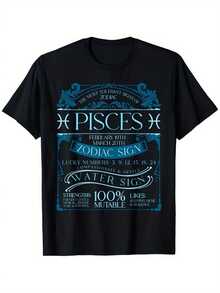 Pisces Zodiac Sign Constellation Print T-Shirt For Astronomy Lovers, 100% Pure, Gift For Men, Women, Dad, Mom And Friends, Regular Sizes S-XXXL, Black, Fabric Weight 180G, Same Style For Men And Women, Short Sleeve Printed T-Shirt Summer 2025 - 黑色 - 查看 7